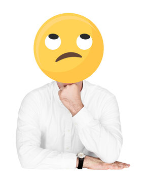 PNG Unamused face emoji portrait on a man, collage element, transparent background