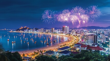 Fototapeta premium A picturesque view of fireworks erupting over the famous Pattaya Bay, creating a stunning visual spectacle for onlookers