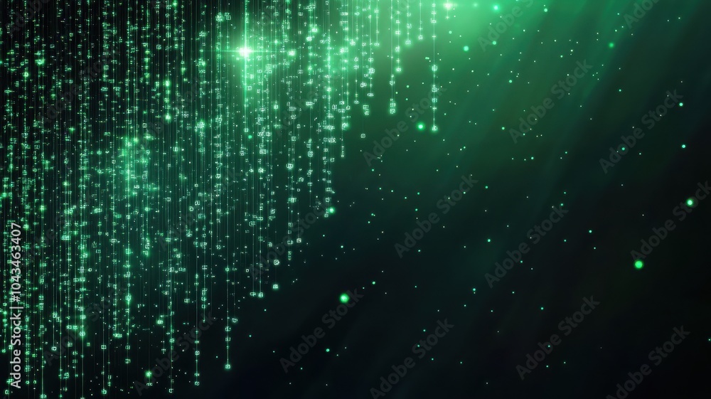 Poster a mesmerizing digital backdrop featuring cascading green light particles in a dark setting, perfect 