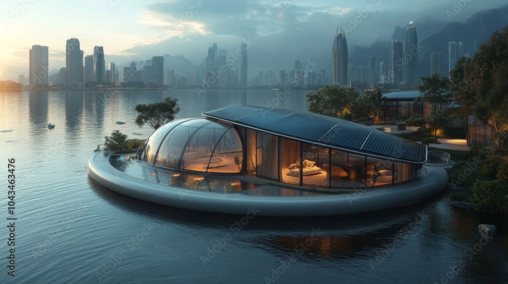Poster a contemporary floating house is nestled on a tranquil lake, showcasing sleek architecture and large