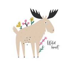 Adorable Vector Moose, Elk. Cute Woodland Wildlife Illustration for Design and Art.