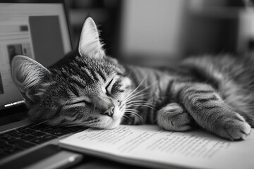 Black and white photo of a cute cat sleeping on a laptop keyboard. The cat is disturbing its owner's work. Fell asleep while working. Generated by artificial intelligence