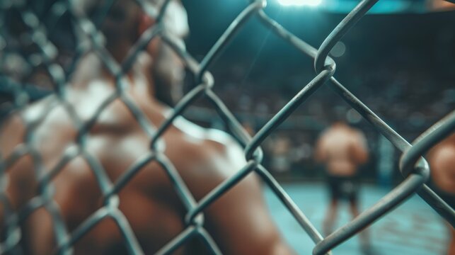 Fighter training in a cage during an intense match at a local arena under bright lights in the evening