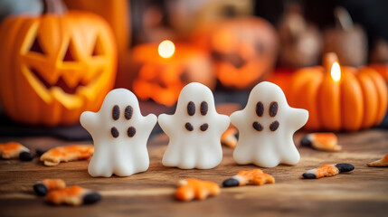 Obraz premium Vegan Halloween treats displayed on a table, with vibrant, healthy snacks shaped like ghosts and pumpkins, perfect for eco-conscious trick-or-treaters
