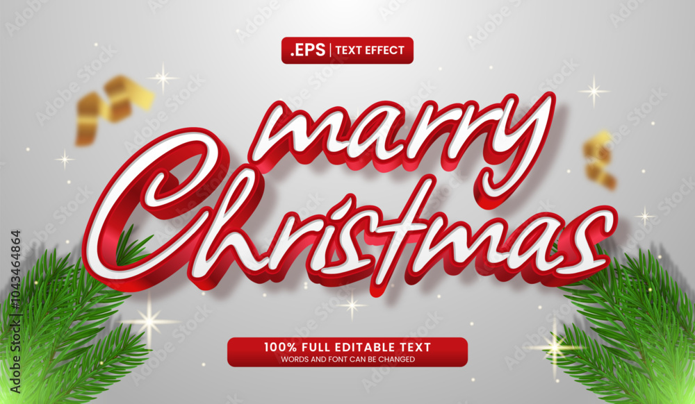 Canvas Prints title red and white 3d text merry christmas with green pine branches. editable text effect vector il