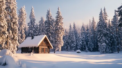 Naklejka premium A peaceful winter scene with snow-covered trees and a cozy cabin, embodying warmth and comfort during the cold season.
