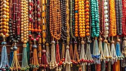 Rosaries lined up on a counter in Istanbul