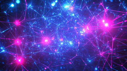 Fototapeta premium Abstract network of colorful glowing lines and threads, intertwining in vibrant hues of orange, blue, and pink, creating a dynamic and energetic digital web.