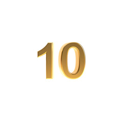 Golden number 10 sign, 3d gold number ten symbol isolated on white background.