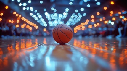 The basketball rests on the polished wooden floor, vibrant lights illuminating the gym as fans cheer energetically for their teams, creating an electric atmosphere.
