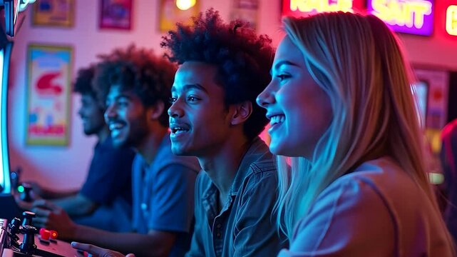 Friends Playing Video Games at Arcade