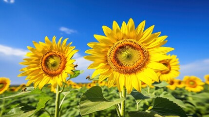 Naklejka premium Two sunflowers in a field with a bright blue sky.