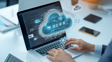 image depicts person using laptop with stylized cloud icon and various devices connected, symbolizing cloud computing and technology. scene conveys sense of modern connectivity and digital