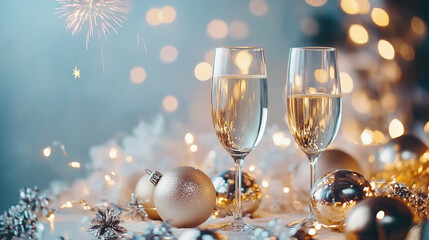 Elegant champagne glasses with golden bubbles surrounded by festive decorations and sparkling lights, evoking celebration, joy, and holiday cheer.
