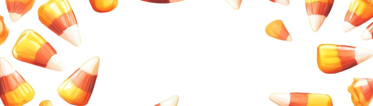 Watercolor candy corn and sweets, scattered along the edges, framing a large blank area