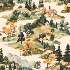 Vintage tapestry landscape scene pattern on vintage beige fabric background, seamless repeating pattern, textile print style, minimal, tapestry design, seamless landscape scene pattern, home decor