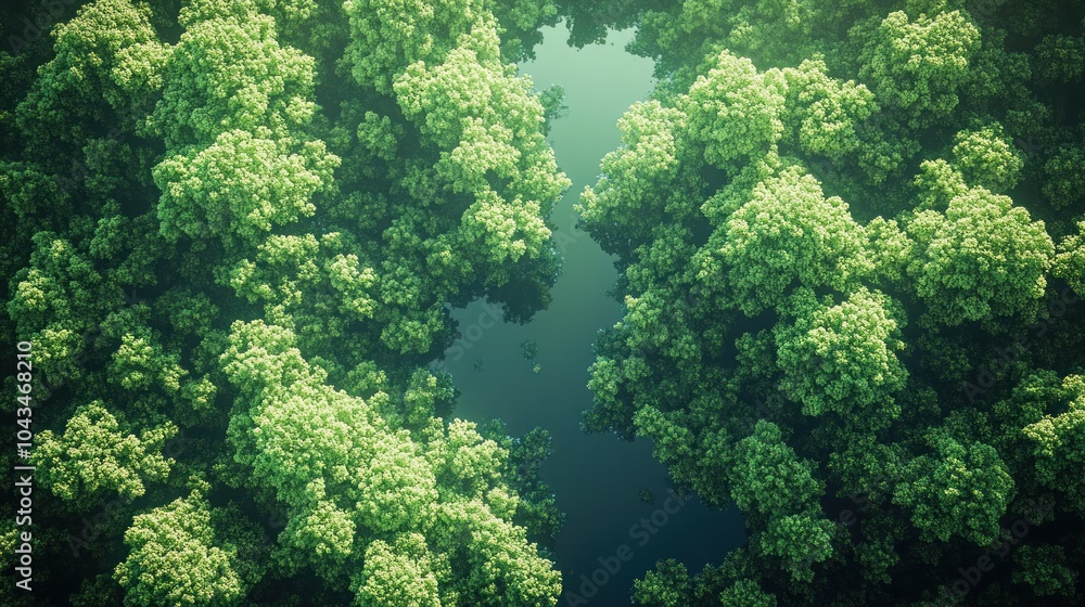 Poster an aerial view of a forest with a small stream running through it. the trees are lush and green, and