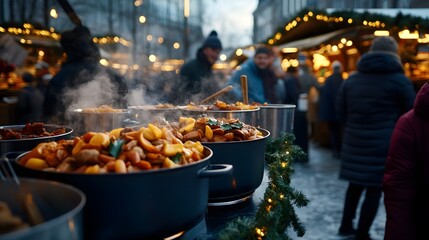 Naklejka premium Steaming pots of food at a winter market.