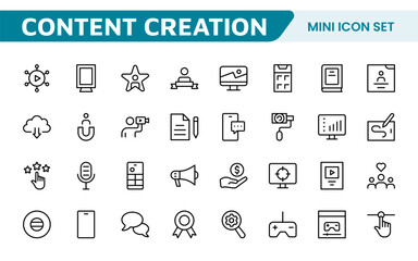 Content Creation Icon Set. Creative and versatile icons for bloggers, vloggers, and digital creators, perfect for enhancing editing tools, social media apps, and multimedia projects.