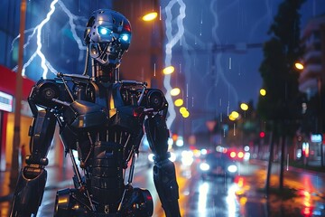 Naklejka premium Futuristic Mechanical Navigates Thunderous Neon Lit City Landscape