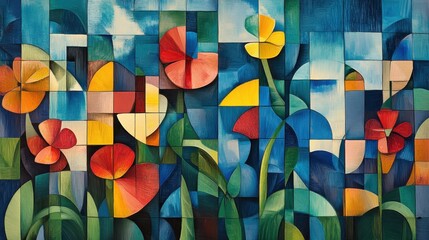 Cubism wallpaper with fragmented flowers in sharp geometric shapes and contrasting hues