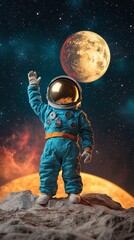 Obraz premium Astronaut in space suit waves hello on the moon's surface, with a glowing moon and starry night sky in the background.