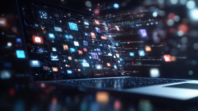 A laptop displaying a vibrant array of digital icons representing various applications and data.