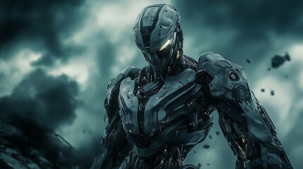 Fototapeta premium Futuristic humanoid robot with glowing blue circuits inside a high-tech lab, showcasing advanced artificial intelligence and cutting-edge technology.