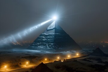 Alien Spaceship Shooting Brilliant Light Down to Mysterious Pyramid in Night Landscape