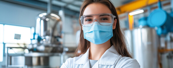 confident woman wearing lab coat, safety glasses, and face mask stands in modern industrial facility. environment reflects high tech atmosphere, emphasizing safety and professionalism