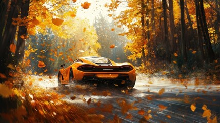 Fototapeta premium Silver sport car racing through a snow-covered forest road headlights cutting through snow