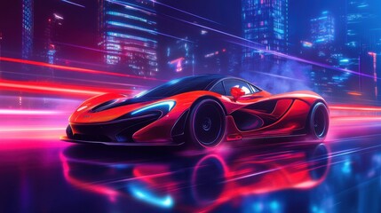 Fototapeta premium Red and black sport car speeding on a neon-lit highway reflecting the vibrant city lights