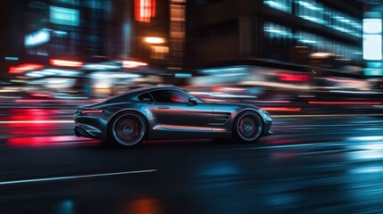 Gray car cruising through city streets at night neon signs and skyscrapers reflecting off it