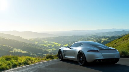 Fototapeta premium Silver sport car parked at cliffside reflecting the sun with distant mountains in view