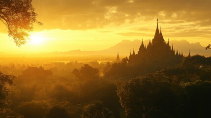 Obraz premium Sunset Over Ancient Temple Landscape