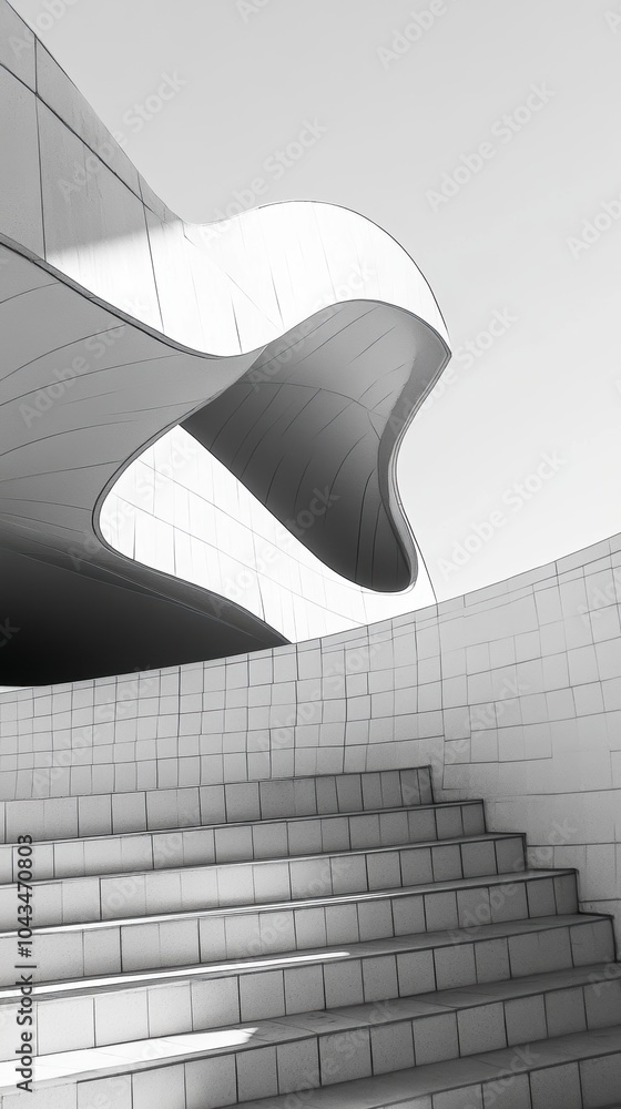 Poster modern architecture building with curved shape and stairs leading upwards