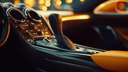 Detailed shot of gear shifter showcasing metallic accents and leather stitching