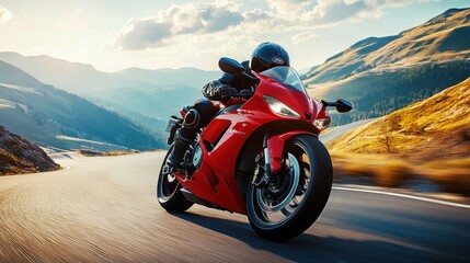 Red sport bike captured mid-turn on mountain road leaning aggressively with sunlight reflecting off paint