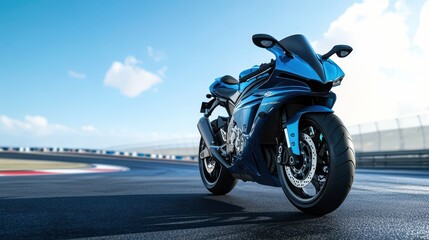 Naklejka premium High-powered matte blue motorcycle on racetrack black exhaust gleaming under clear sky