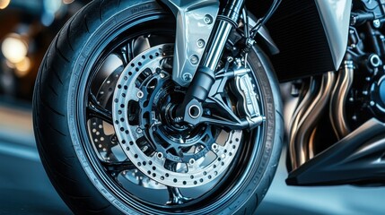 Obraz premium Front wheel close-up on silver bike focusing on detailed tread brake caliper and polished spokes