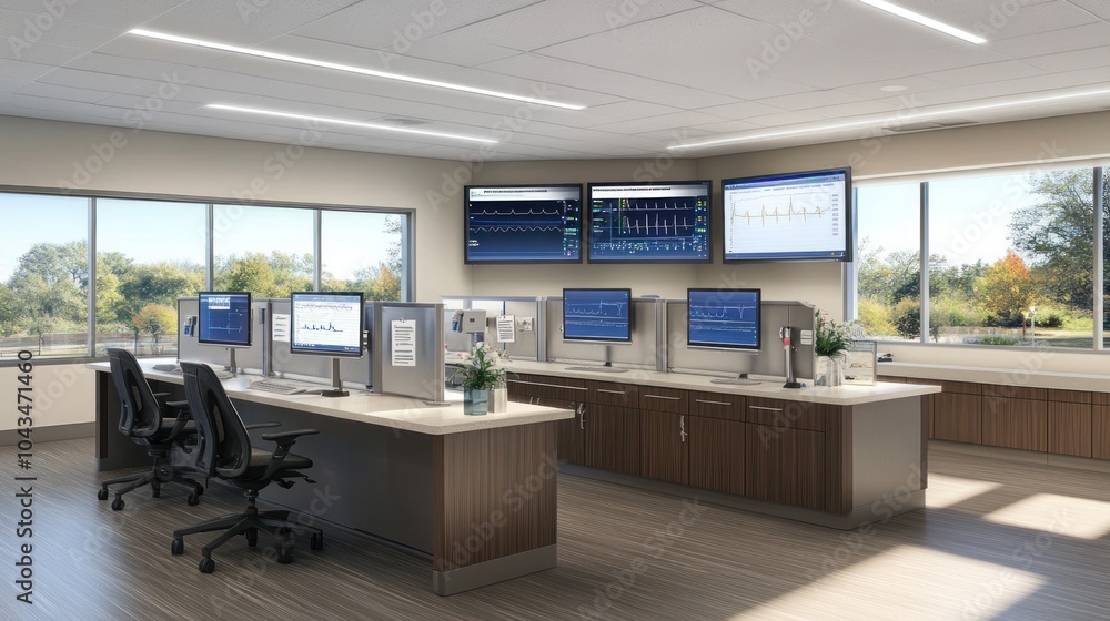 Aufkleber modern control room with multiple computer workstations and large monitors displaying data.
