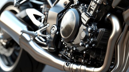 Close-up of sport bike’s engine and exhaust capturing carbon fiber tips and reflective chrome details