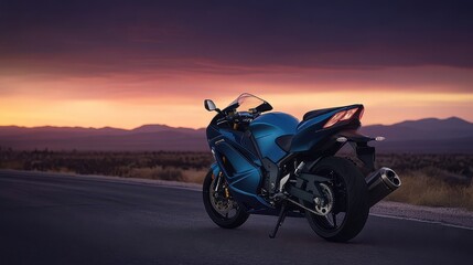 Blue sport bike on a highway at dusk taillight glowing in the dim light