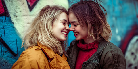Happy young couple about to kiss, smiling at each other.