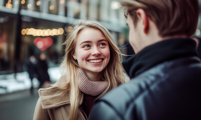 Couple happily talking on the street.