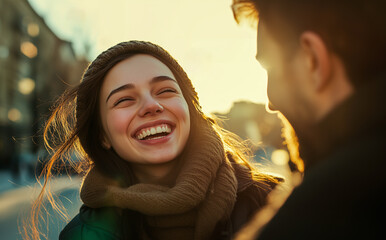 Couple happily talking on the street. Closeup on girls face.