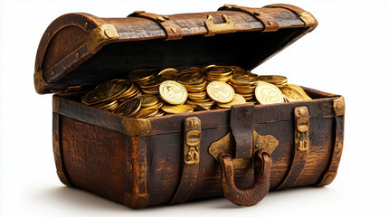 Treasure Chest with Gold Coins on white background