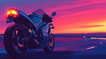 Naklejka premium Metallic blue bike on an open highway at dusk taillight glowing in the distance