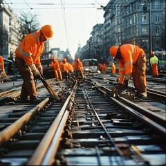 Workers in bright uniforms lay railway or tram tracks