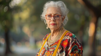 Portrait of a stylish elderly woman in a vibrant outfit enjoying a sunny day in the park among greenery